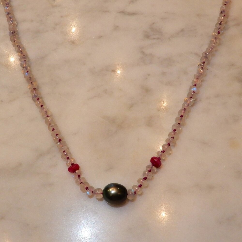 Moonstone, Red Onyx, and Tahitian Cultured Pearl Hand Made Necklace